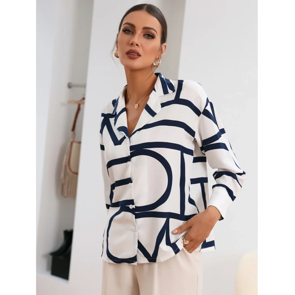 Geometric Print Blouse Buttoned Shirt White - Picture 4 of 9